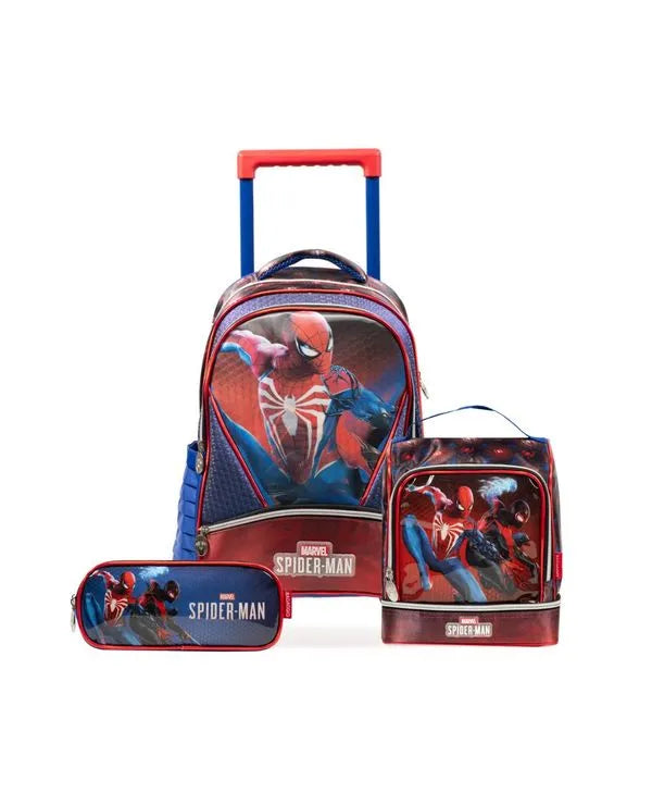 Kit Mochila de 4 Rodinhas + Lancheira Térmica + Estojo Homem Aranha