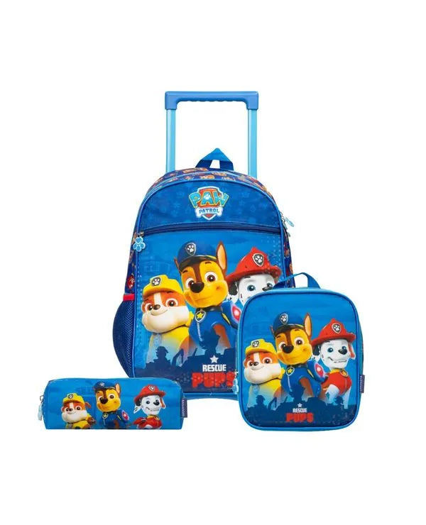 Kit Mochila de Rodinha + Lancheira Térmica + Estojo-  Patrulha Canina Chase e Equipe Azul