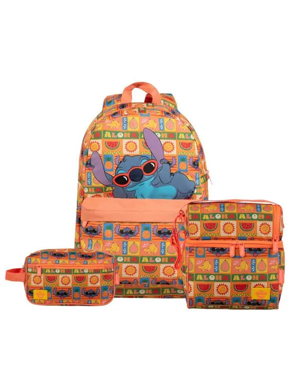 Kit Mochila Stitch Tropical + Necessaire + Lancheira Térmica