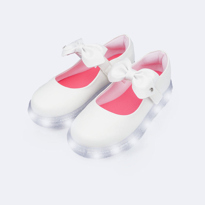 Tênis de Led Pampili Sneaker Luz Mary Jane Laço Branco e Rosa