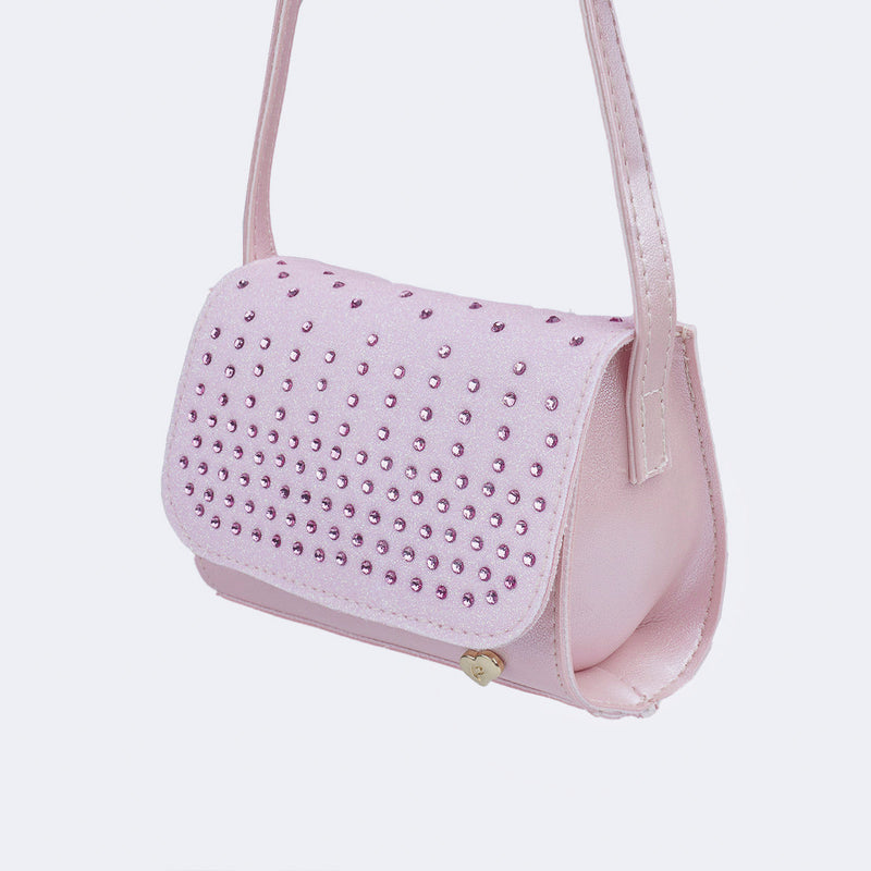 Mini Bolsa Tiracolo Infantil Pampili Glitter e Strass Rosa Glace