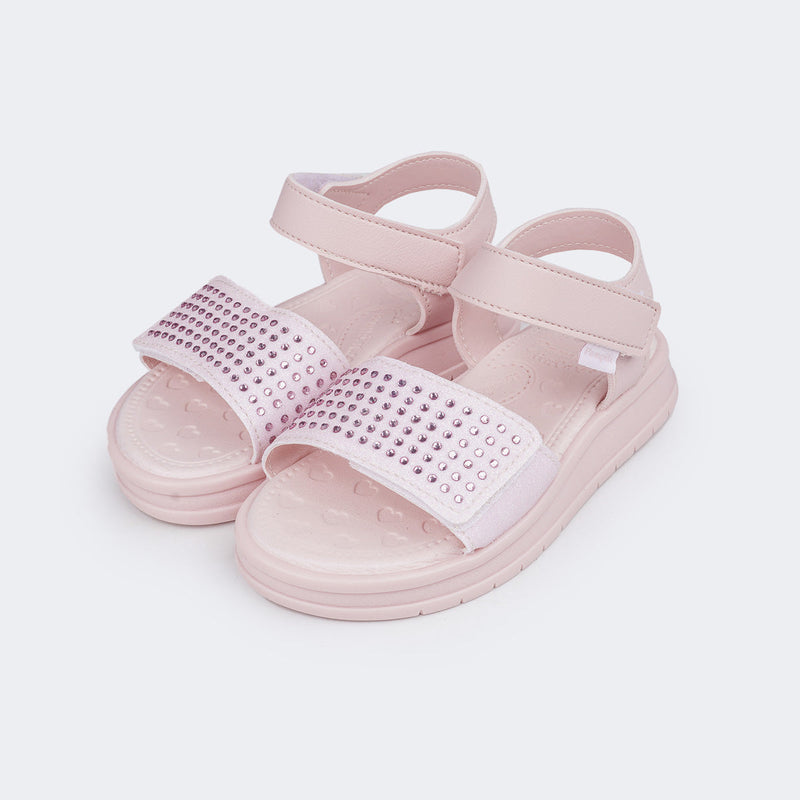 Sandália Papete Infantil Pampili Petit Glitter e Strass Rosa Glace