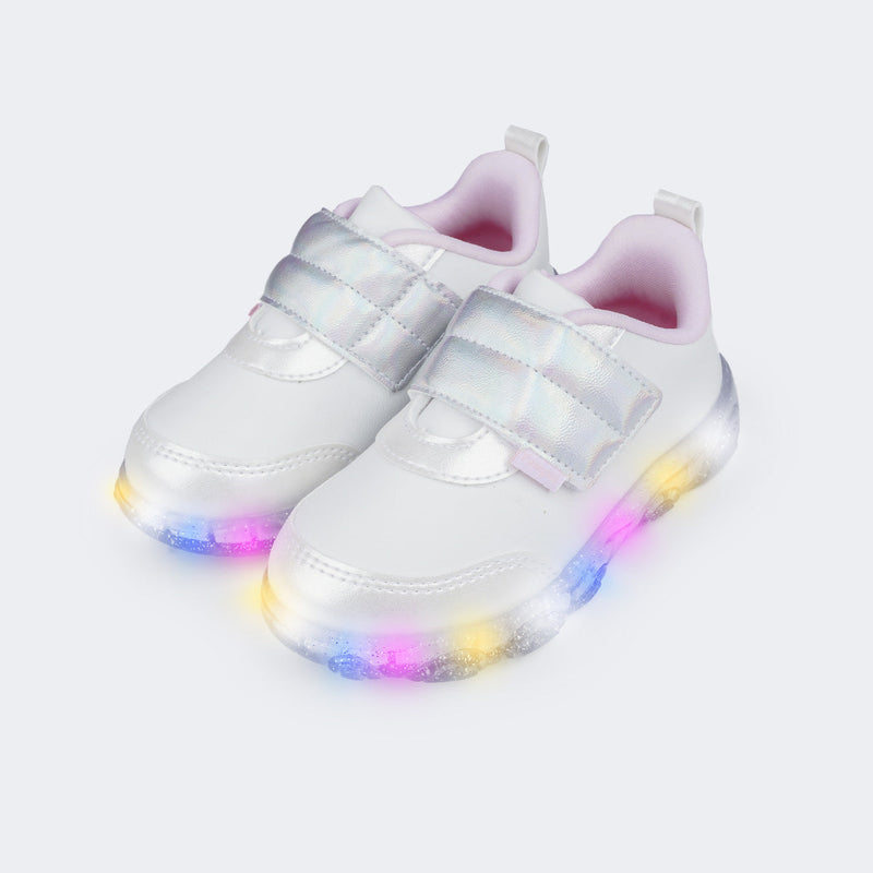 Tênis de Led Infantil Pampili Liz Luz Tira Comfy Branco