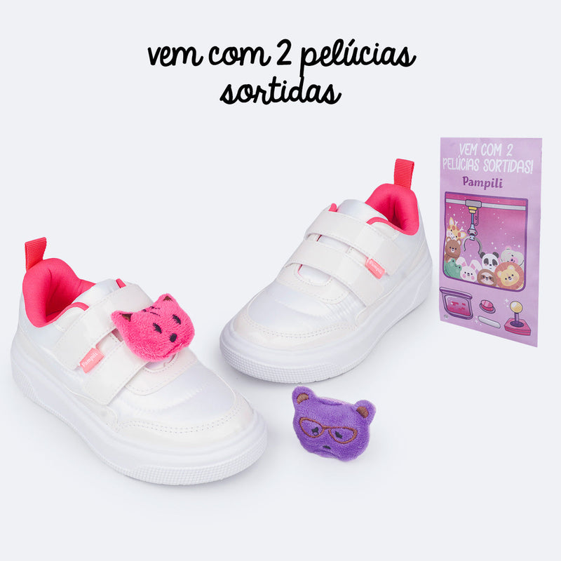 Tênis Infantil Pampili XP 24 Surprise Pelúcia Branco e Pink - Vem com duas pelúcias