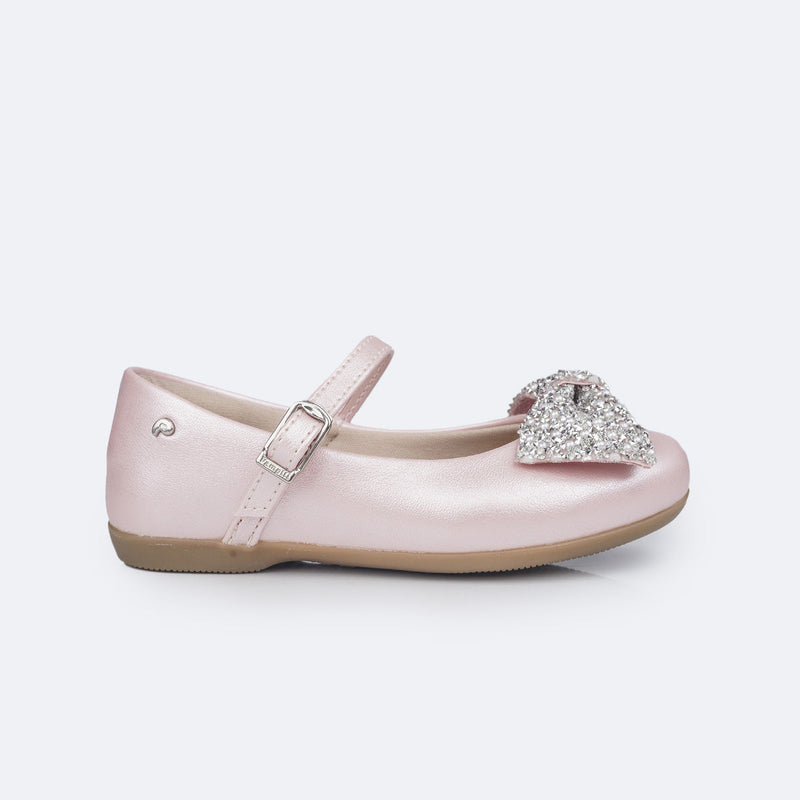 Sapatilha Infantil Pampili Bailarina Laço de Strass e Pérolas Rosa Glace