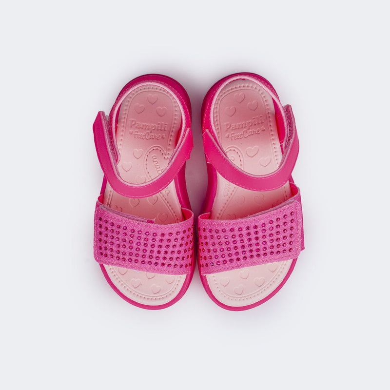 Sandália Papete Infantil Pampili Petit Glitter e Strass Pink Fluor