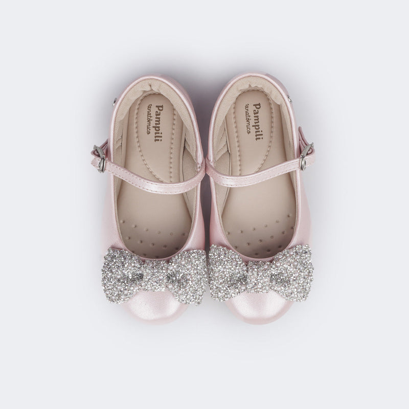 Sapatilha Infantil Pampili Bailarina Laço de Strass e Pérolas Rosa Glace