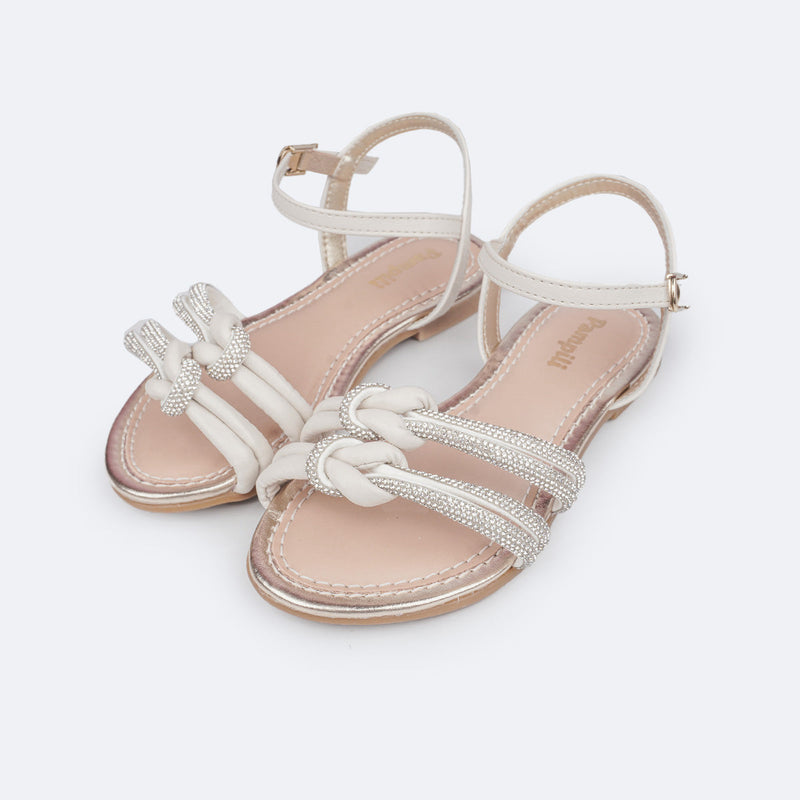 Sandália Infantil Pampili Cherrie Tiras Entrelaçadas e Strass Off White