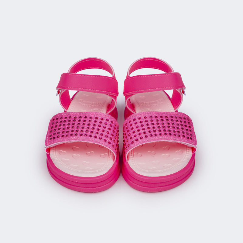 Sandália Papete Infantil Pampili Petit Glitter e Strass Pink Fluor