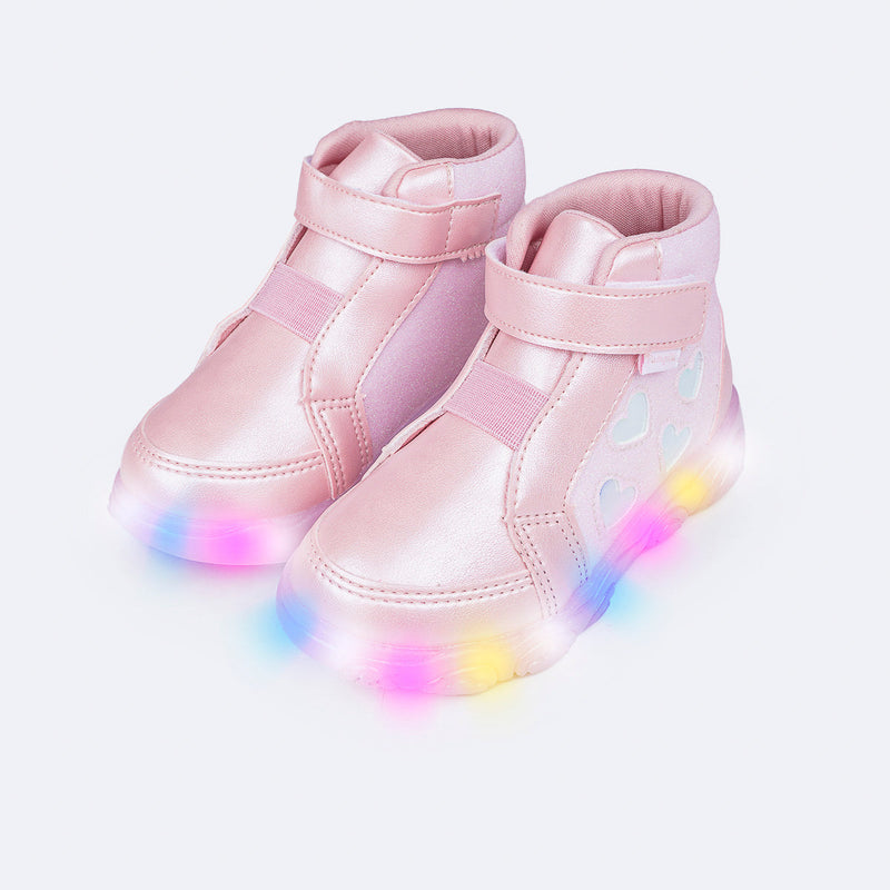 Tênis de Led Cano Médio Pampili Liz Luz Glitter e Corações Rosa Glacê