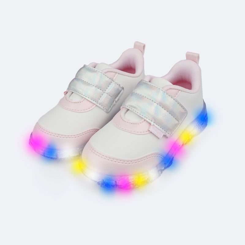 Tênis de Led Infantil Pampili Liz Luz Tira Comfy Branco e Rosa