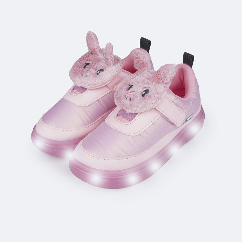 Tênis de Led Infantil Pampili Sneaker Luz Coelho Comfy Rosa Giz