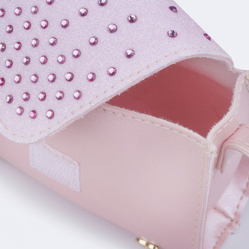 Mini Bolsa Tiracolo Infantil Pampili Glitter e Strass Rosa Glace