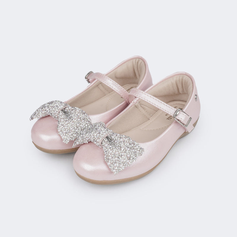 Sapatilha Infantil Pampili Bailarina Laço de Strass e Pérolas Rosa Glace