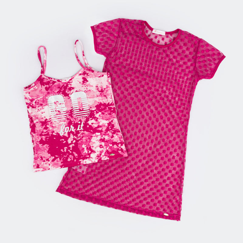 Conjunto Infantil Feminino Vestido Tela Vazado com Regata Tie Dye Pink