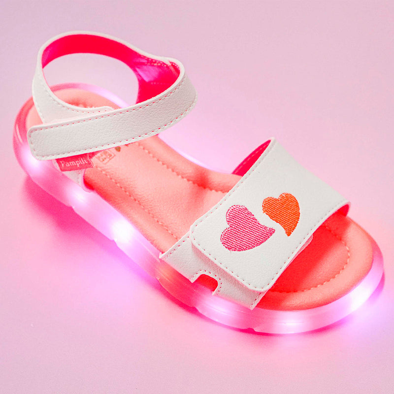 Sandália de Led Infantil Pampili Lulli Corações Bordados Branca e Pink