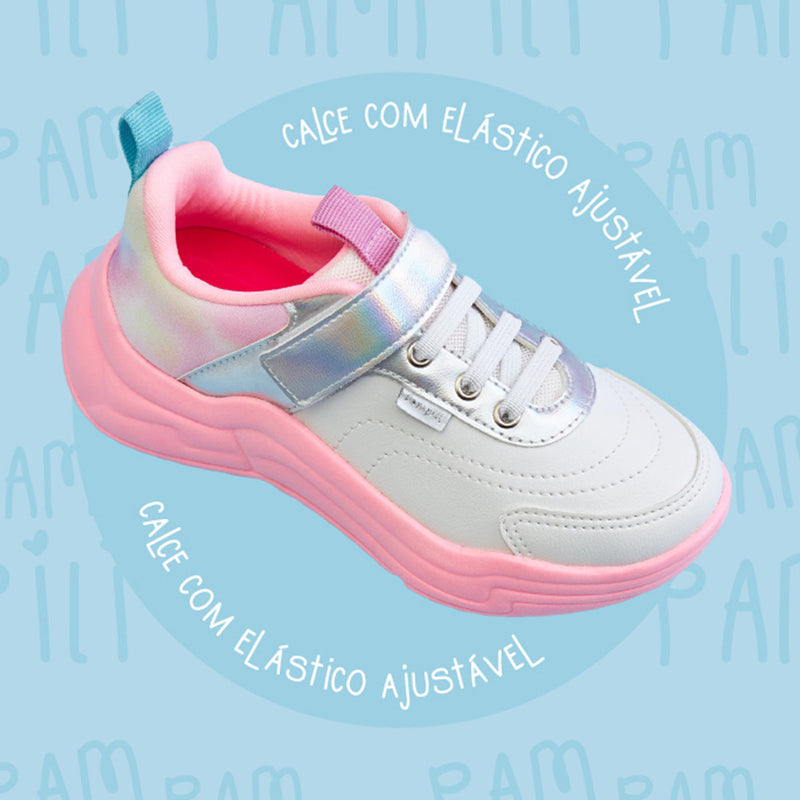 Tênis Infantil Pampili Move Tie Dye Branco e Rosa Neon