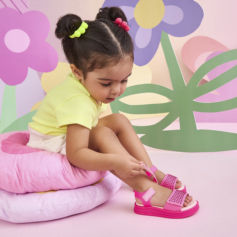 Sandália Papete Infantil Pampili Petit Glitter e Strass Pink Fluor