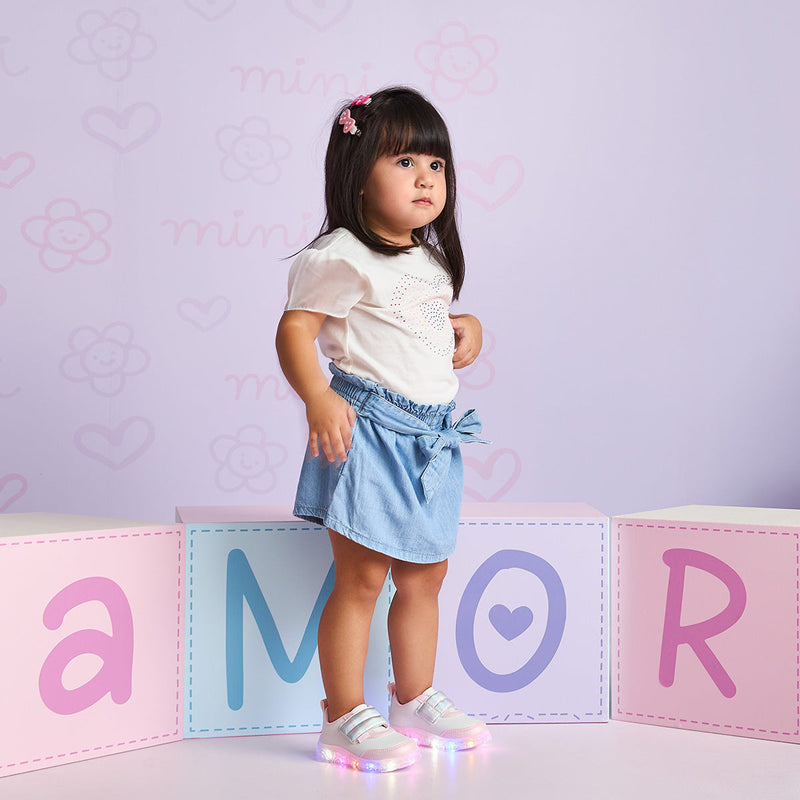 Tênis de Led Infantil Pampili Liz Luz Tira Comfy Branco e Rosa