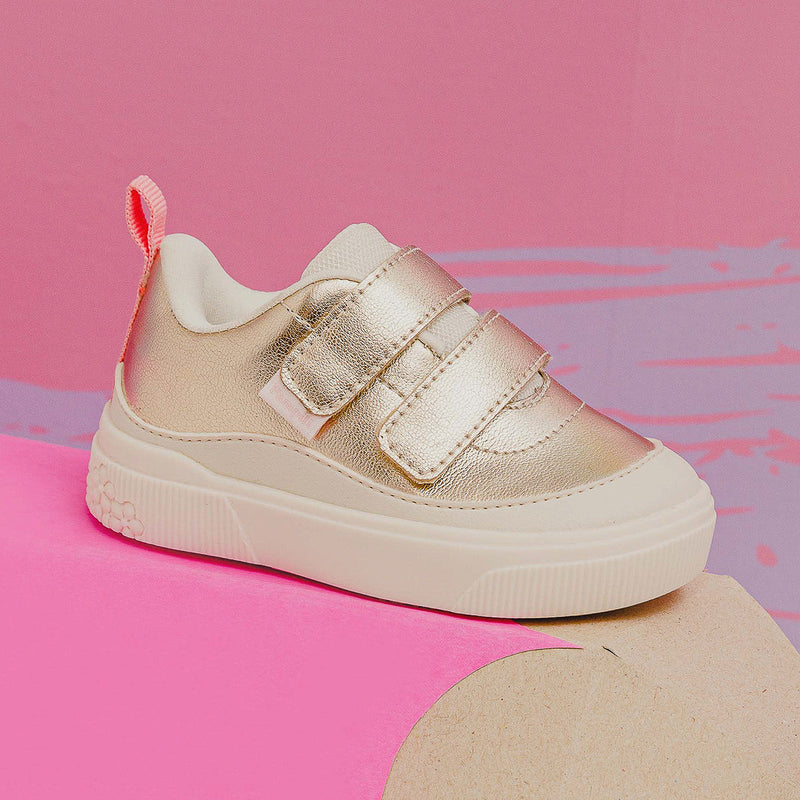 Tênis Infantil Feminino Pampili Yumi Velcro Duplo Dourado