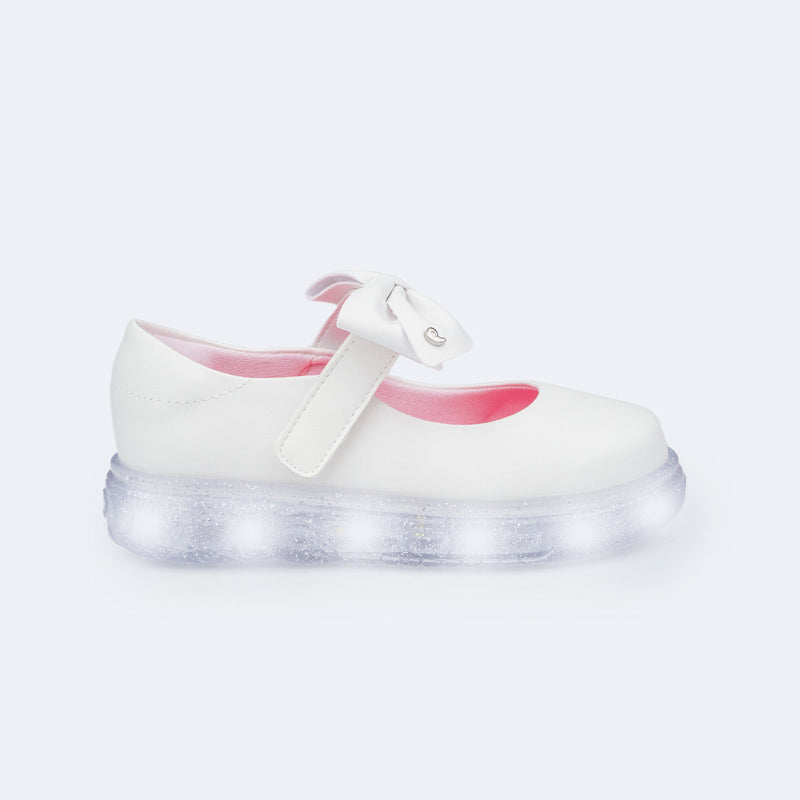 Tênis de Led Pampili Sneaker Luz Mary Jane Laço Branco e Rosa