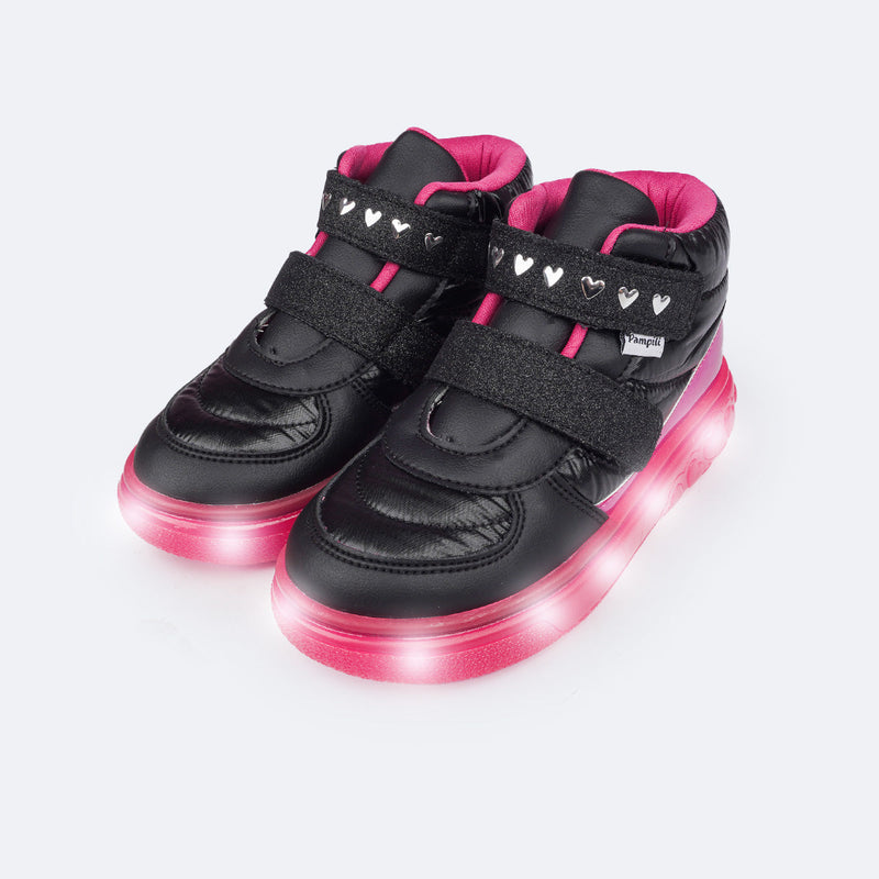 Tênis de Led Cano Médio Pampili Sneaker Luz Matelassê Comfy Preto