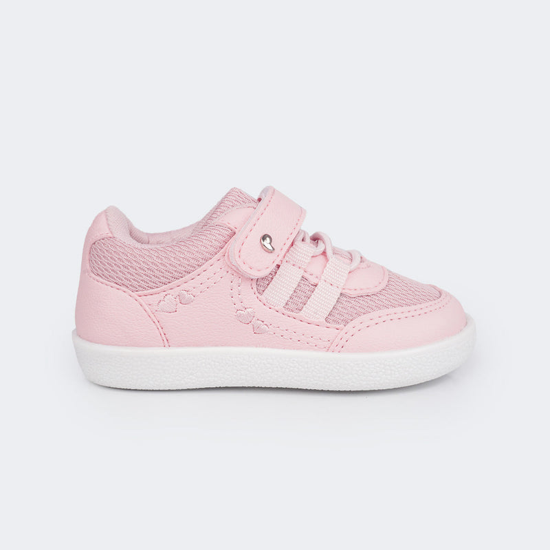 Tênis Escolar Infantil Pampili Slim Mini Joy Corações Bordados Rosa