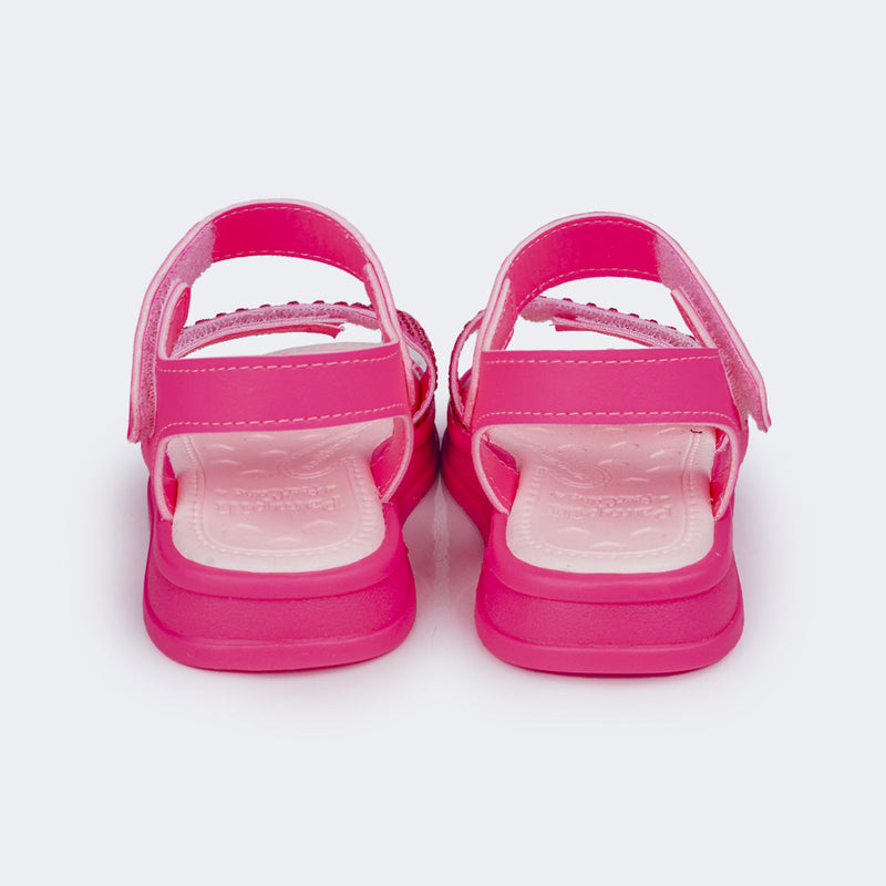 Sandália Papete Infantil Pampili Petit Glitter e Strass Pink Fluor