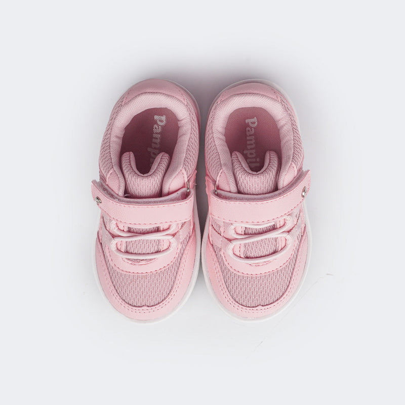 Tênis Escolar Infantil Pampili Slim Mini Joy Corações Bordados Rosa