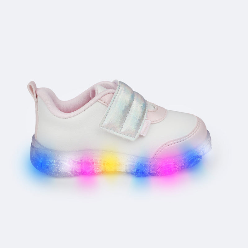 Tênis de Led Infantil Pampili Liz Luz Tira Comfy Branco e Rosa