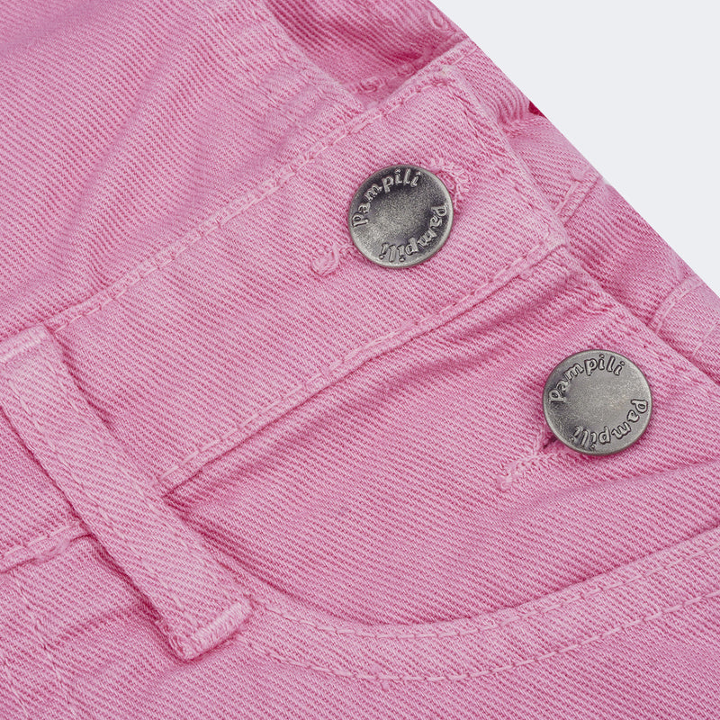 Jardineira Infantil Jeans Pampili com Aplicação de Strass Rosa Chiclete