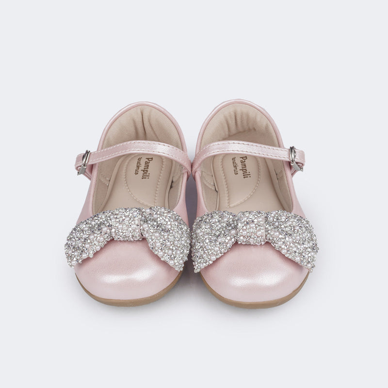 Sapatilha Infantil Pampili Bailarina Laço de Strass e Pérolas Rosa Glace