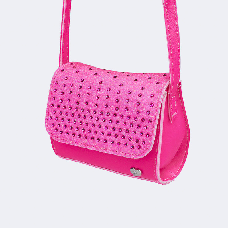 Mini Bolsa Tiracolo Infantil Pampili Glitter e Strass Pink Fluor