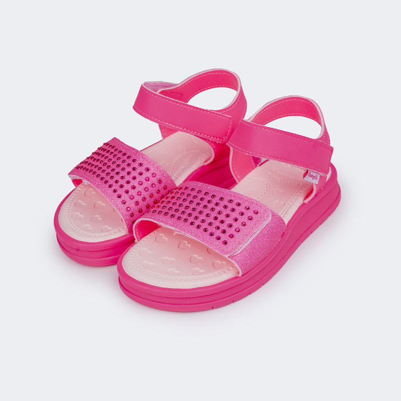 Sandália Papete Infantil Pampili Petit Glitter e Strass Pink Fluor