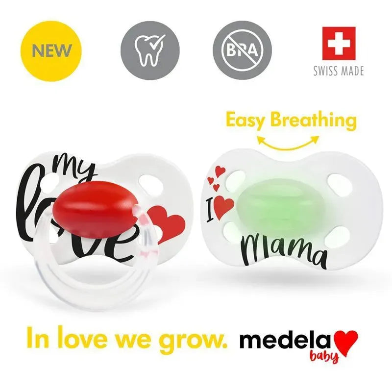 Medela - chupeta de bebê 2 unidades, meu amor e eu amo mamãe