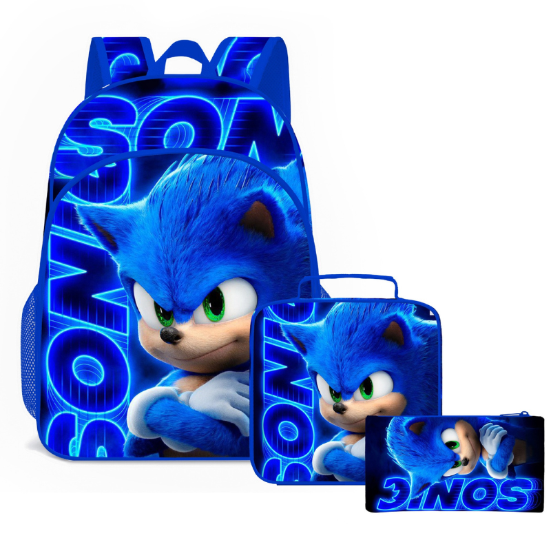 Mochila Infantil Sonic + Lancheira + Estojo