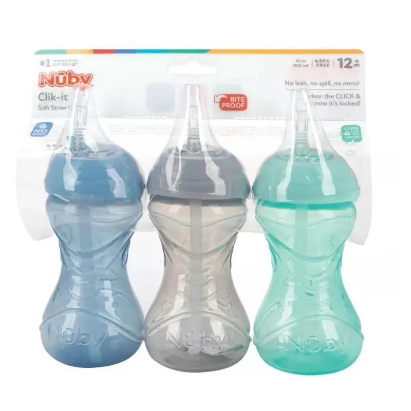 Nuby - 3Pk Clik-It Flexi-Straw Cup10 Oz, Água/Cinza/Azul