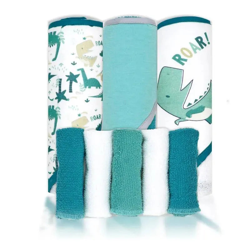 Rose Textiles - Conjunto de banho de 8 peças - 5 toalhas com capuz e 3 panos de rosto, Dino