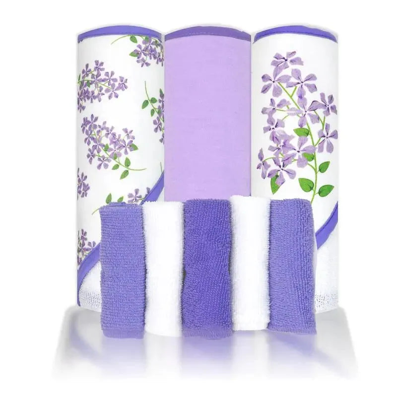 Rose Textiles - Conjunto de banho 8 unidades - 5 toalhas com capuz e 3 panos, floral roxo