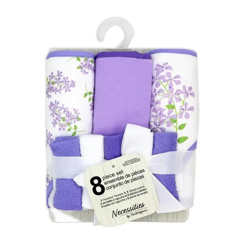 Rose Textiles - Conjunto de banho 8 unidades - 5 toalhas com capuz e 3 panos, floral roxo